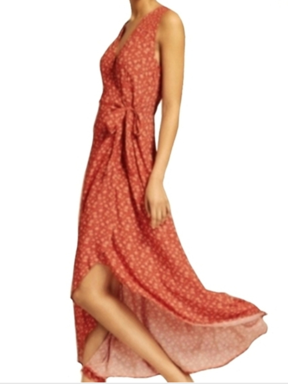 Coral Red Ditsy Floral Wrap Sun Dress Asymmetrical Sundress Long Midi Maxi V